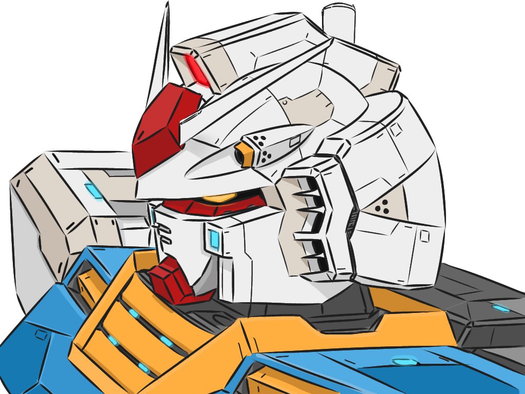 aron_e close-up glowing glowing_eyes gundam looking_down mecha mobile_suit_gundam no_humans rx-78-2 science_fiction solo v-fin white_background yellow_eyes