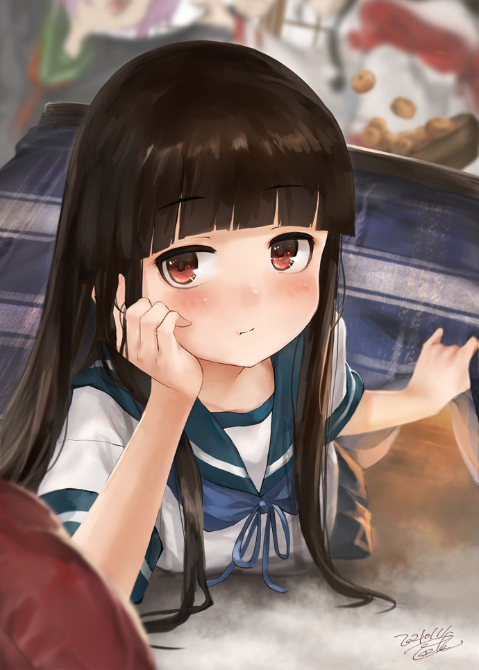 3girls bangs black_hair blue_neckwear blue_skirt blunt_bangs blurry blurry_background blush bowl brown_eyes closed_mouth dated eyebrows_visible_through_hair food green_sailor_collar hatsuyuki_(kantai_collection) hime_cut kantai_collection long_hair lying multiple_girls nisshin_(kantai_collection) pink_hair remodel_(kantai_collection) sailor_collar school_uniform serafuku short_hair short_sleeves signature skirt tama_(kantai_collection) toka_(marchlizard)