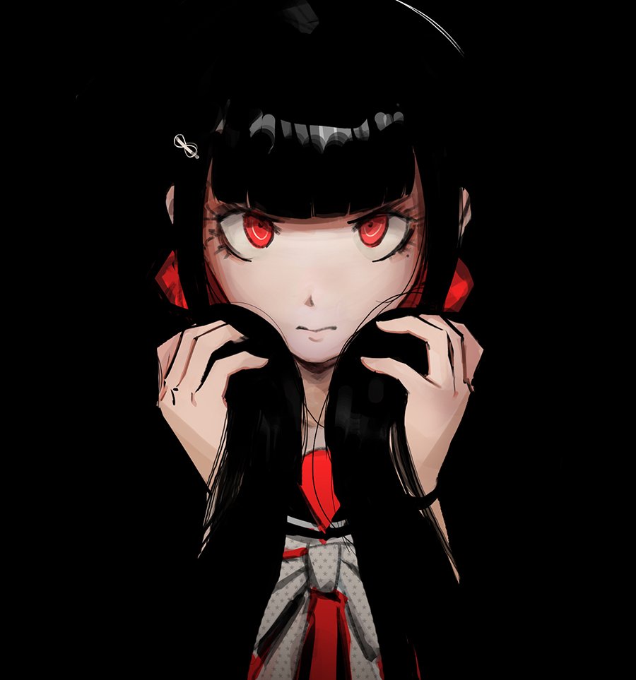 1girl angry bangs black_background black_hair blunt_bangs closed_mouth commentary_request dangan_ronpa_(series) dangan_ronpa_v3:_killing_harmony hair_ornament hair_scrunchie hairclip harukawa_maki holding holding_hair limited_palette long_sleeves looking_at_viewer qosic red_eyes red_scrunchie red_shirt scrunchie shiny shiny_hair shirt simple_background solo