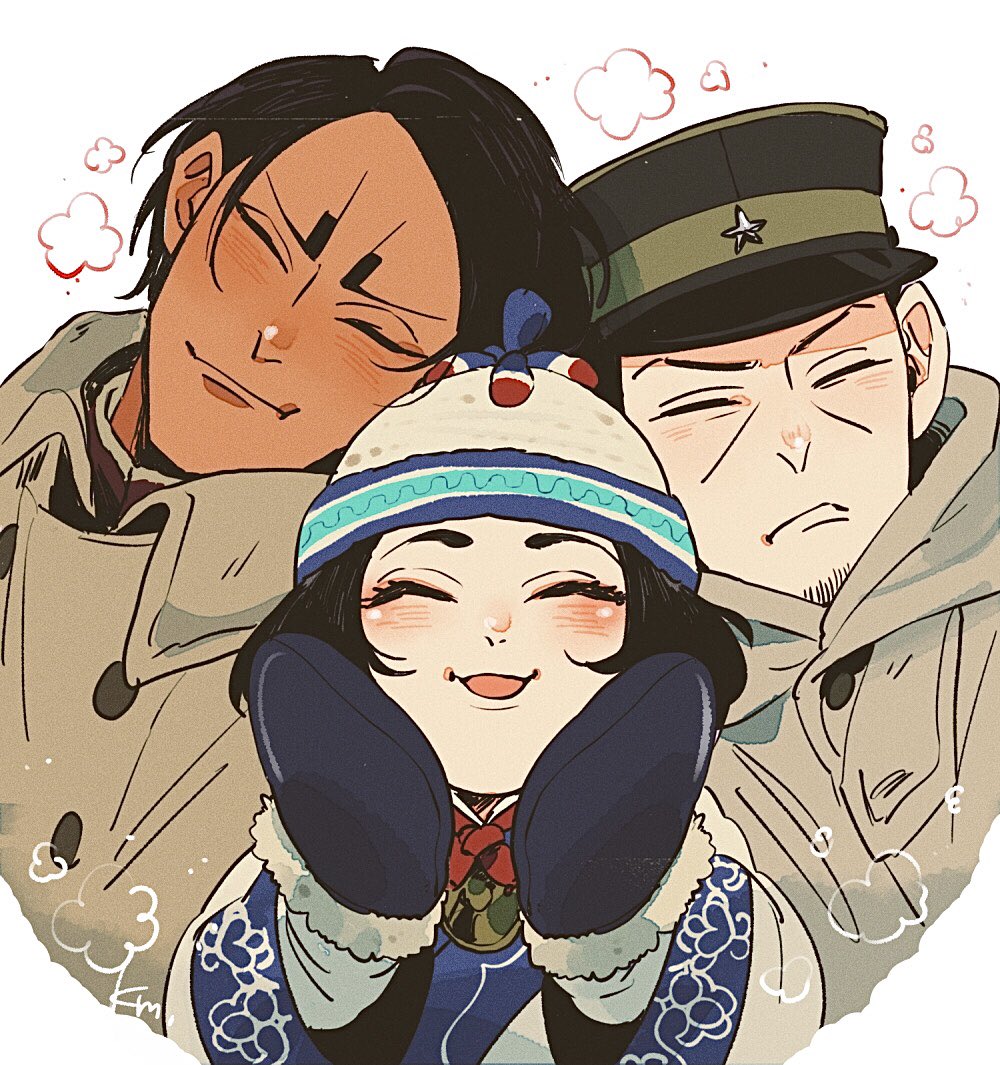 1girl 2boys 4km_ro ainu ainu_clothes bangs black_hair black_headwear blush buttons child closed_eyes closed_mouth coat collared_coat commentary_request dark_skin dark_skinned_male enonoka facial_hair facing_viewer gloves golden_kamuy grey_coat grey_gloves hat hood hood_down hooded_coat imperial_japanese_army kepi koito_otonoshin long_sleeves medium_hair military military_hat military_uniform mittens multiple_boys open_mouth parted_bangs short_hair simple_background smile star_(symbol) stubble tsukishima_hajime two-tone_headwear uniform upper_body white_background wide_sleeves winter_clothes