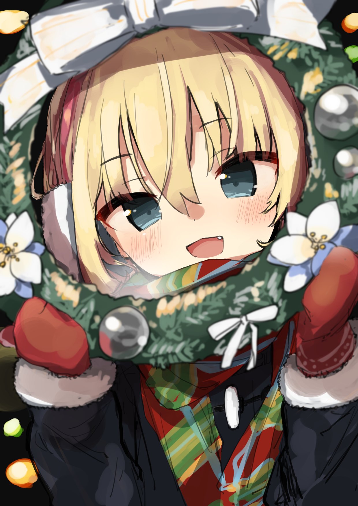 1girl bangs black_coat blonde_hair blue_eyes blush bob_cut bow breath christmas christmas_ornaments coat commentary earmuffs eyebrows_visible_through_hair fang flower fur-trimmed_sleeves fur_trim gingerbullet girls_und_panzer green_scarf highres holding holding_wreath katyusha_(girls_und_panzer) long_sleeves looking_at_viewer multicolored multicolored_clothes multicolored_scarf open_mouth red_mittens red_scarf scarf short_hair smile solo upper_body white_bow white_flower wreath