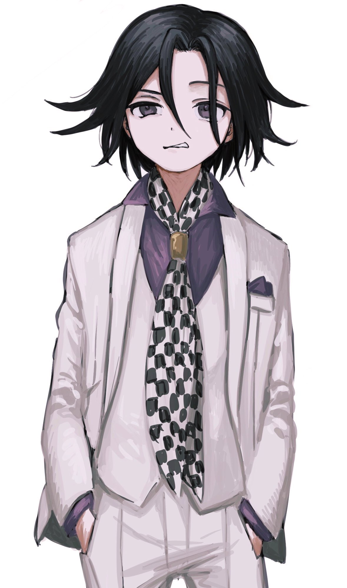 1boy bangs black_hair checkered checkered_neckwear clenched_teeth collared_shirt cowboy_shot dangan_ronpa_(series) dangan_ronpa_v3:_killing_harmony hair_between_eyes hands_in_pockets highres jacket long_sleeves looking_at_viewer male_focus official_alternate_costume ouma_kokichi pants pink_shirt purple_shirt renshu_usodayo shirt short_hair simple_background solo teeth vest white_background white_jacket white_pants white_vest