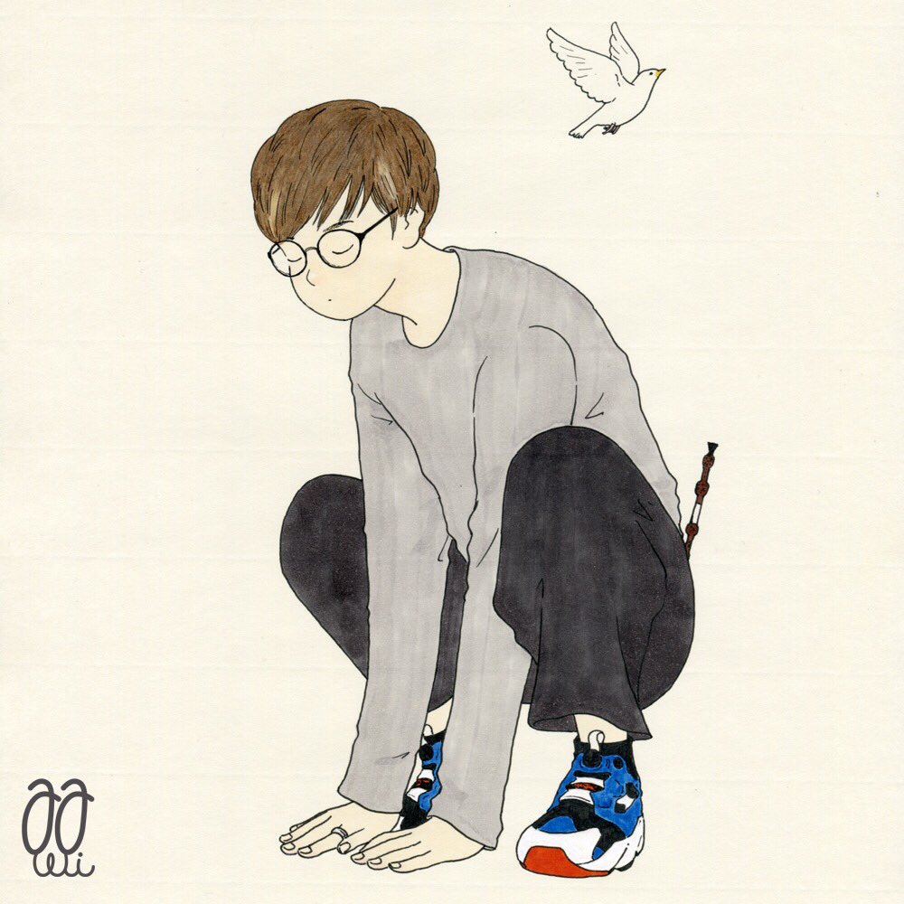 1boy awai880 bird black_pants blue_footwear brown_hair closed_eyes commentary_request glasses grey_shirt long_sleeves original pants shirt shoes short_hair signature simple_background solo squatting tan_background white_bird