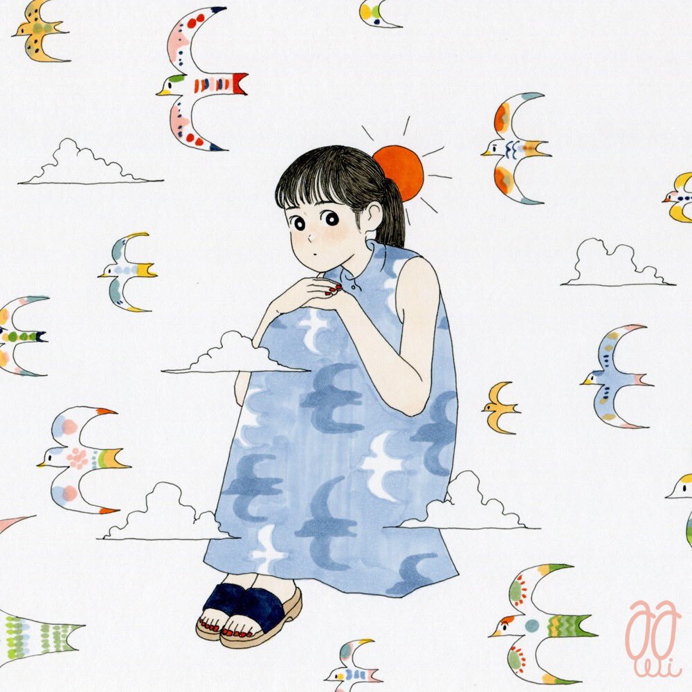 1girl awai880 bangs bird black_eyes black_hair blue_dress blunt_bangs blush clouds collared_dress dress expressionless knees_up looking_at_viewer original ponytail print_dress red_nails red_sun sandals signature sleeveless sleeveless_dress solo white_background