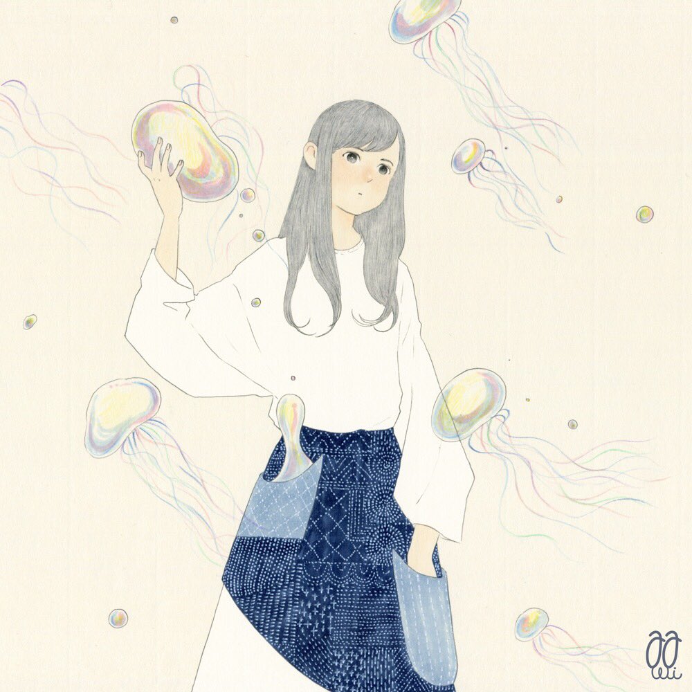 1girl awai880 black_eyes blue_skirt blush grey_hair hand_in_pocket jellyfish long_hair long_sleeves original shirt shirt_tucked_in skirt solo surreal tan_background white_shirt