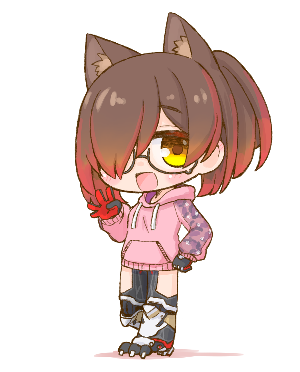1girl android bangs blush brown_hair camouflage chibi clenched_hand gradient_hair hair_over_one_eye highres hololive hood hoodie mechanical_legs multicolored_hair nekoyama one_eye_covered open_hand open_mouth pink_hoodie redhead roboco-san short_hair solo tied_hair virtual_youtuber waving yellow_eyes