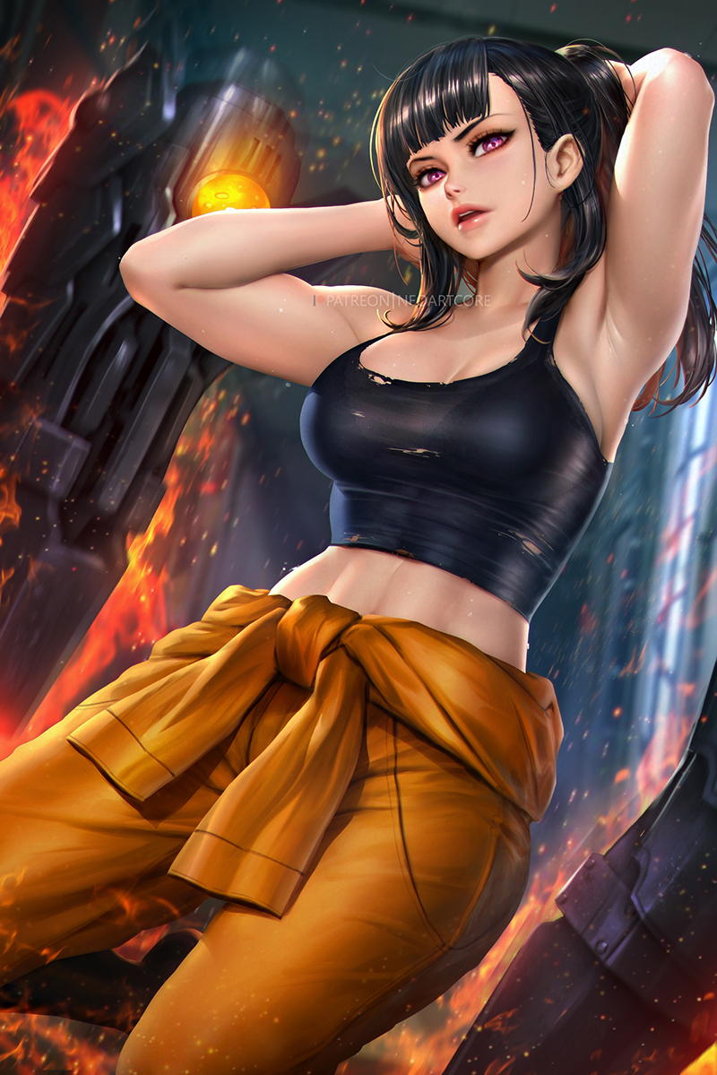 1girl arms_behind_head arms_up artist_name bangs black_hair black_shirt blunt_bangs breasts clothes_around_waist crop_top en'en_no_shouboutai fire large_breasts long_hair looking_at_viewer maki_oze midriff neoartcore open_mouth pants patreon_username ponytail shirt shirt_around_waist sleeveless sleeveless_shirt solo tank_top torn_clothes upper_teeth violet_eyes watermark web_address yellow_pants