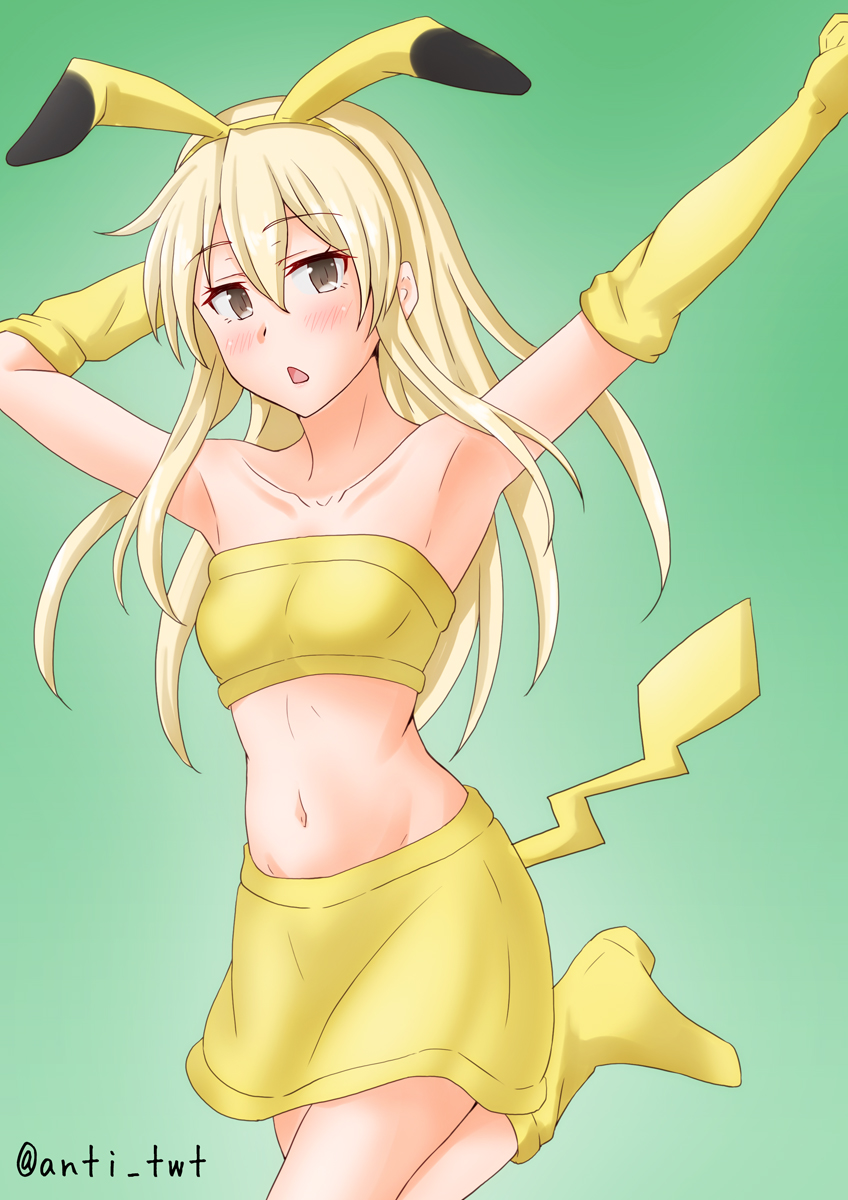 1girl anti_(untea9) bandeau blonde_hair boots commentary_request cosplay cowboy_shot elbow_gloves gen_1_pokemon gloves gradient gradient_background green_background grey_eyes highres kantai_collection long_hair looking_at_viewer midriff miniskirt pikachu pikachu_(cosplay) pikachu_costume pikachu_ears pikachu_tail pokemon pokemon_ears pokemon_tail pose shimakaze_(kantai_collection) skirt solo tail triangle_mouth twitter_username yellow_bandeau yellow_footwear yellow_gloves yellow_skirt