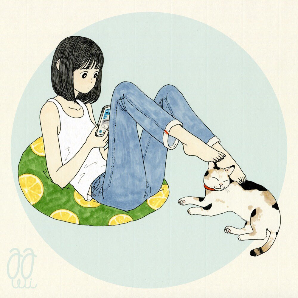 1girl awai880 bangs black_eyes black_hair blue_pants cat circle legs_up lemon_print original pants short_hair signature sitting solo tank_top white_tank_top