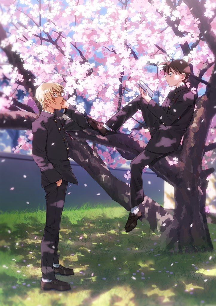 2boys amuro_tooru bangs black_jacket black_pants blonde_hair blue_eyes book brown_footwear brown_hair cherry_blossoms commentary_request dappled_sunlight day eye_contact falling_petals flower from_side full_body gakuran grass hair_between_eyes hand_in_pocket hand_up holding holding_book in_tree jacket k_(gear_labo) knees_up kudou_shin'ichi long_sleeves looking_at_another male_focus meitantei_conan multiple_boys open_book outdoors pants petals pink_flower school_uniform shoes short_hair sitting sitting_in_tree socks spring_(season) standing sunlight tree what_if white_legwear