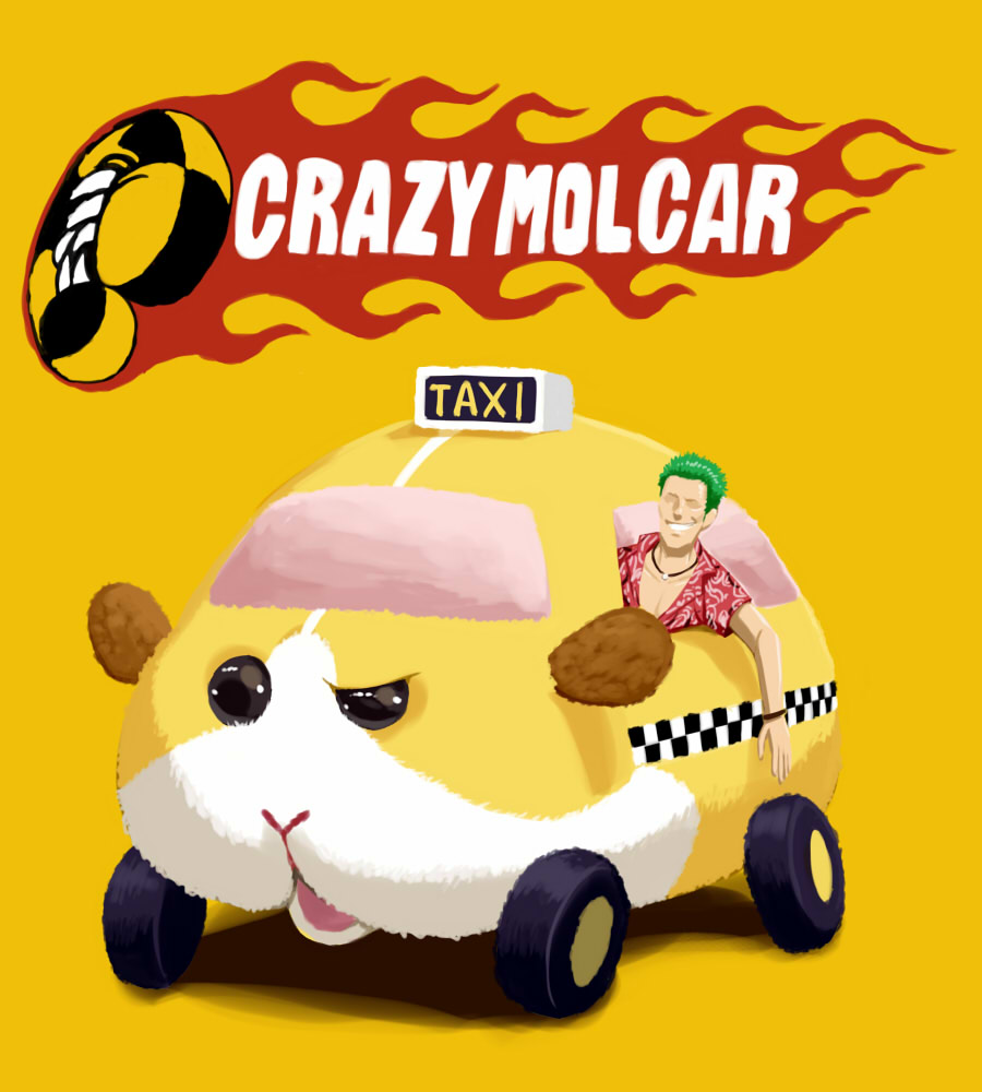 1boy axel_(crazy_taxi) bracelet commentary crazy_taxi crossover faceless faceless_male green_hair grin hawaiian_shirt jewelry logo_parody male_focus necklace nigou parody potato_(pui_pui_molcar) pui_pui_molcar shirt simple_background smile yellow_background