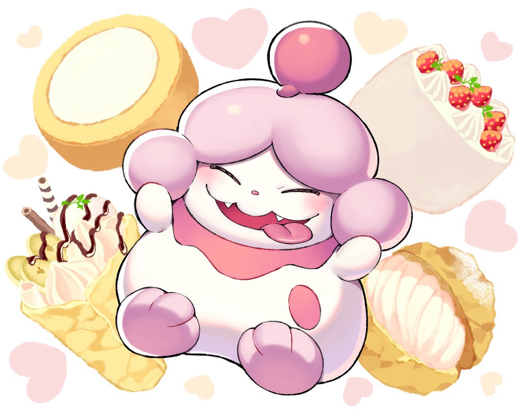 blush closed_eyes commentary_request fangs food fruit full_body gen_6_pokemon heart iroyopon no_humans open_mouth pokemon pokemon_(creature) slurpuff smile strawberry toes tongue tongue_out