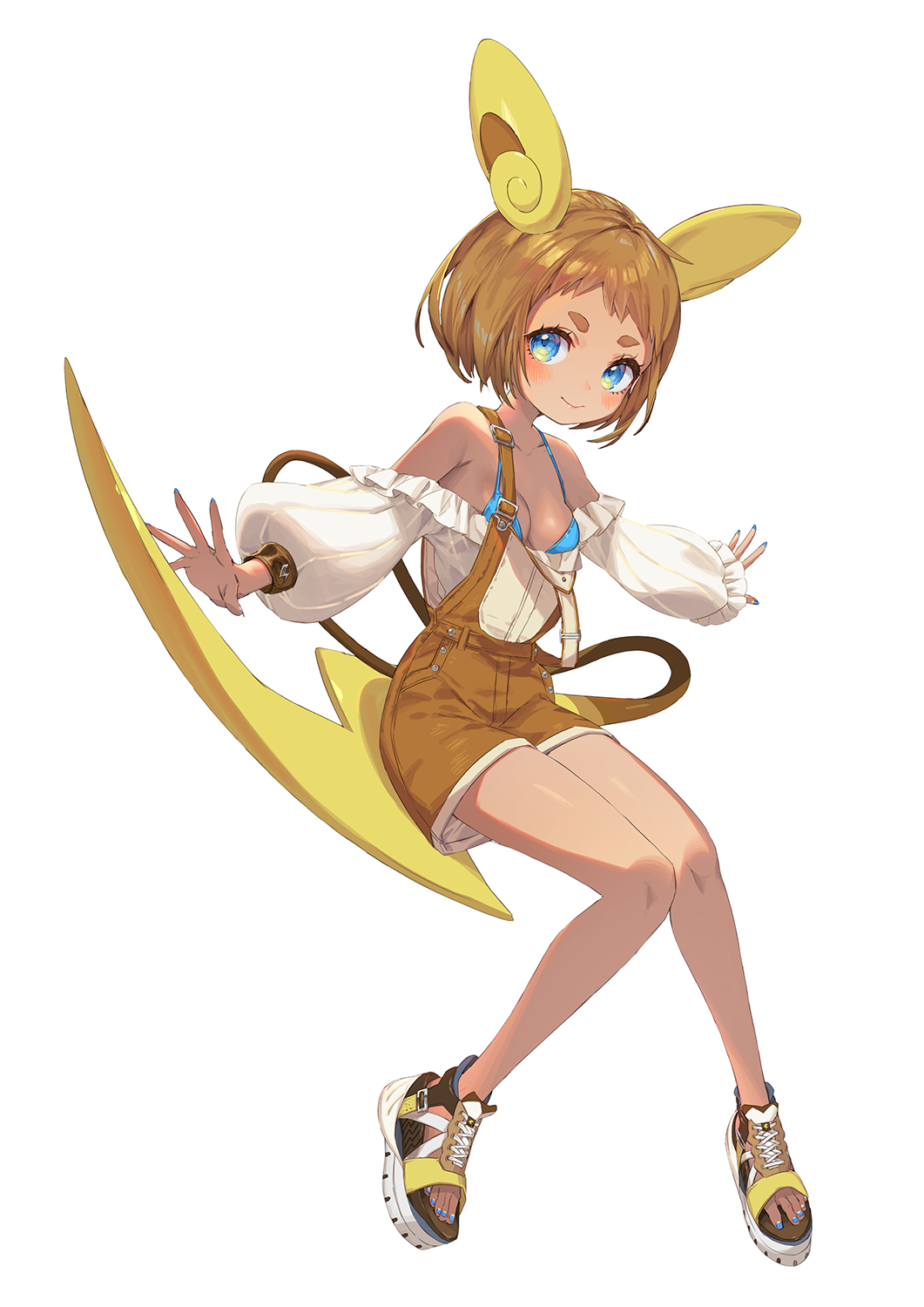 1girl alolan_form alolan_raichu animal_ears bangs bikini bikini_under_clothes black_footwear blue_bikini blue_eyes blush bob_cut breasts brown_hair brown_shorts closed_mouth commentary cross-laced_footwear full_body gen_1_pokemon gen_7_pokemon gijinka highres long_sleeves looking_at_viewer no_socks off-shoulder_shirt off_shoulder outstretched_arms overall_shorts personification pokemon raichu shirt shoes short_hair shorts small_breasts smile sneakers solo spread_arms swimsuit tail white_shirt yu-ri