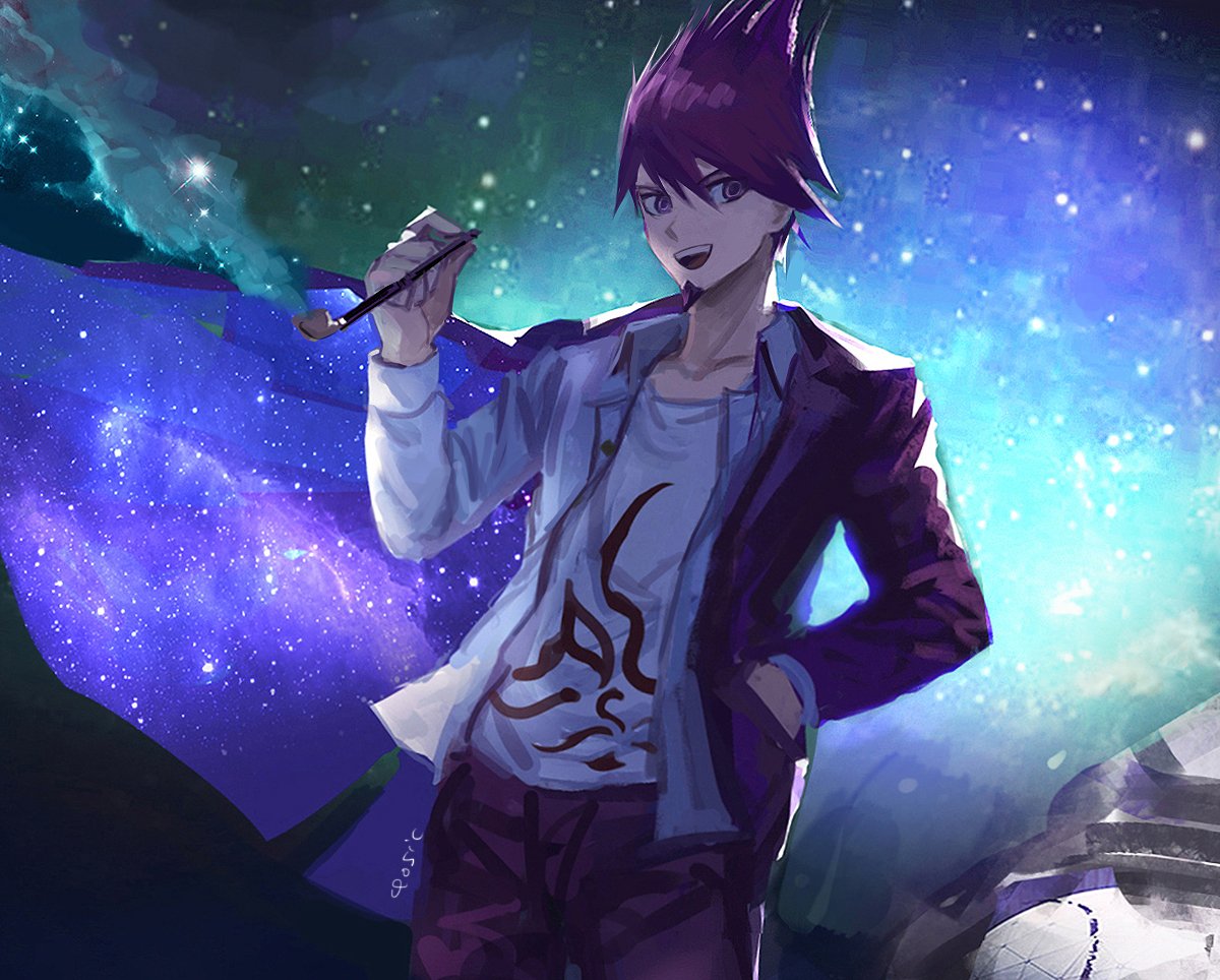 1boy :d artist_name bangs beard collarbone commentary_request cowboy_shot dangan_ronpa_(series) dangan_ronpa_v3:_killing_harmony facial_hair goatee hair_between_eyes hand_in_pocket holding holding_pipe jacket long_sleeves looking_at_viewer male_focus momota_kaito night open_clothes open_jacket open_mouth outdoors pants pink_eyes pink_hair pink_pants pipe print_shirt qosic shirt sky smile solo space_print spiky_hair star_(sky) starry_sky starry_sky_print upper_teeth