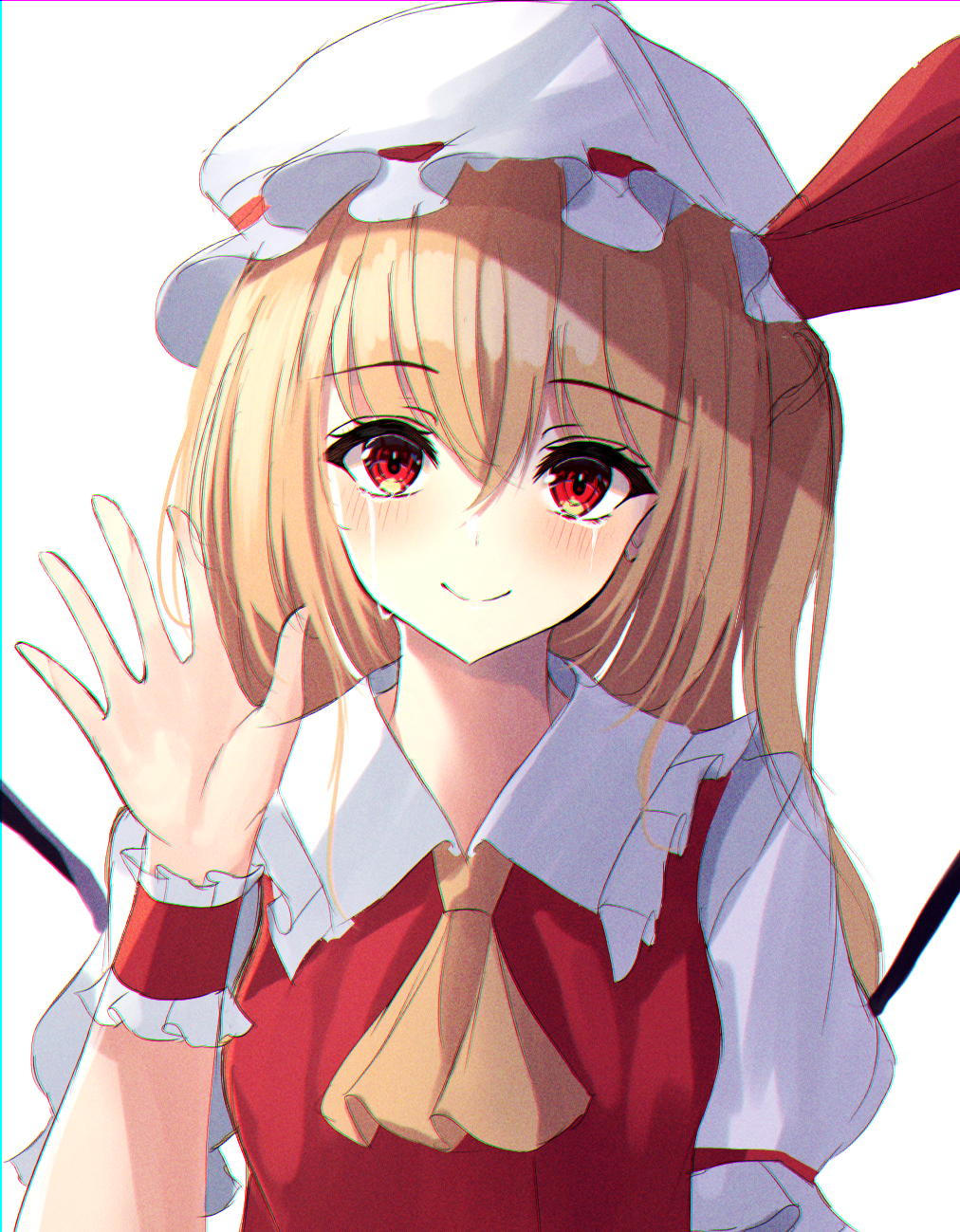 1girl crying crying_with_eyes_open flandre_scarlet hand_up hat highres kure:kuroha mob_cap open_hand simple_background solo streaming_tears tears touhou upper_body waving white_background white_headwear wings