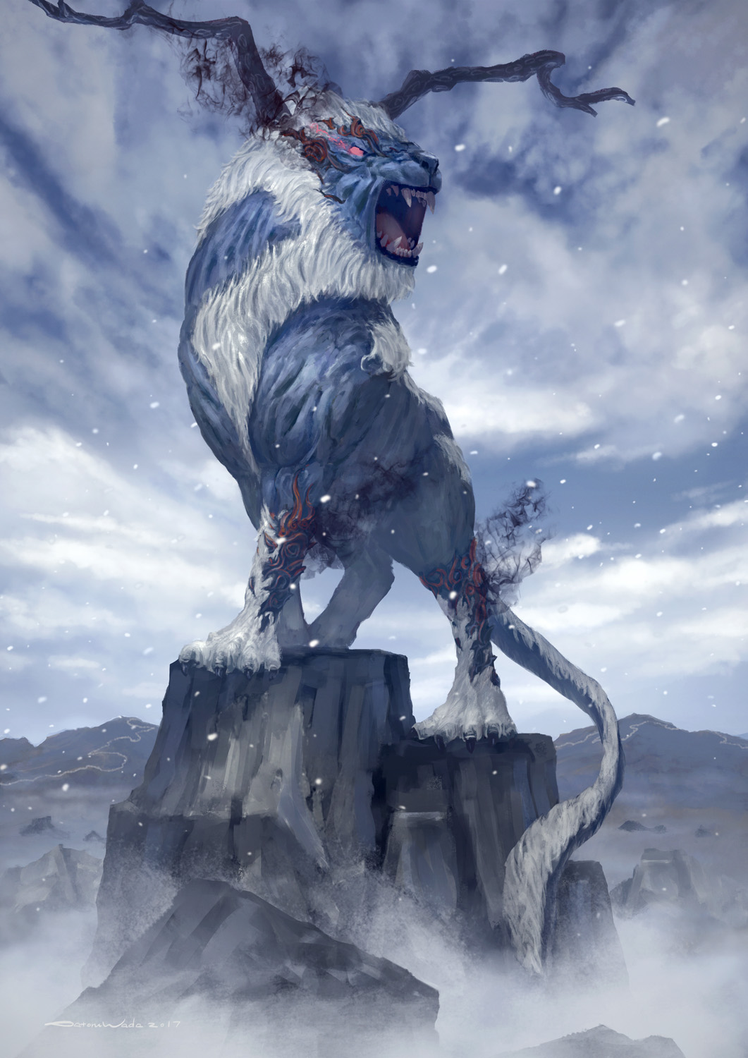 blue_skin clouds cloudy_sky colored_skin darkness dated english_commentary fantasy glowing glowing_eyes highres horns monster mountain no_humans open_mouth original red_eyes rock satoru_wada signature sky snow snowing teeth