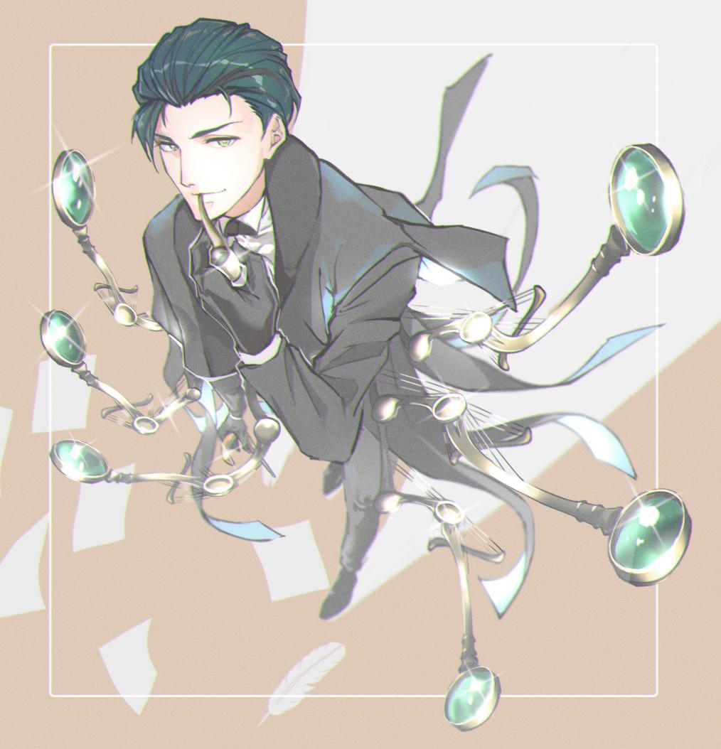 1boy bad_perspective black_footwear black_gloves black_hair black_suit cane fate/grand_order fate_(series) foreshortening glint gloves grey_eyes looking_at_viewer magnifying_glass paper pipe_in_mouth sherlock_holmes_(fate/grand_order) short_hair solo standing trstfx_(lina)