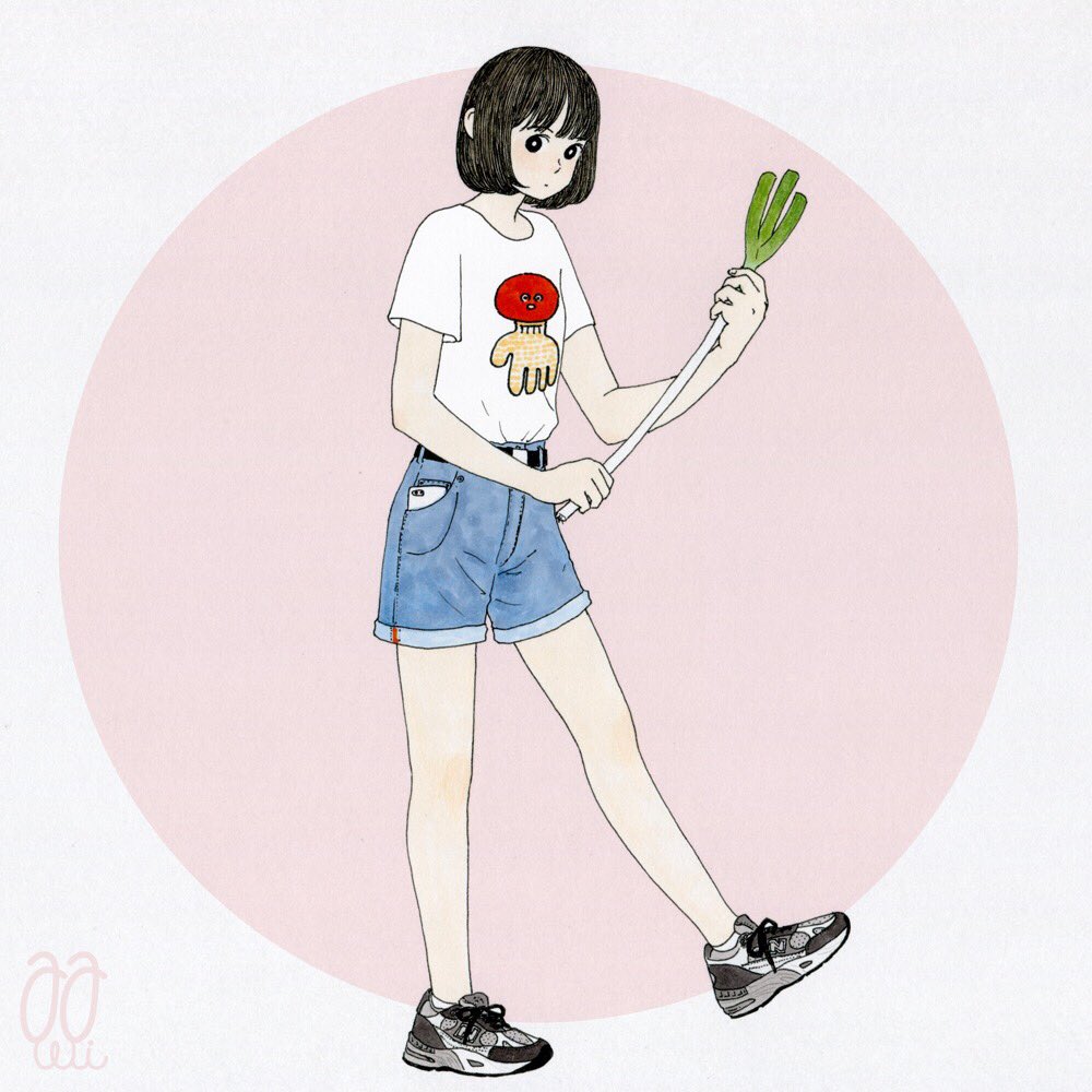 1girl awai880 bangs belt black_eyes black_hair blue_shorts circle food holding holding_food holding_vegetable original phone print_shirt shirt shoes short_hair short_sleeves shorts signature solo spring_onion standing vegetable white_shirt wide_shot