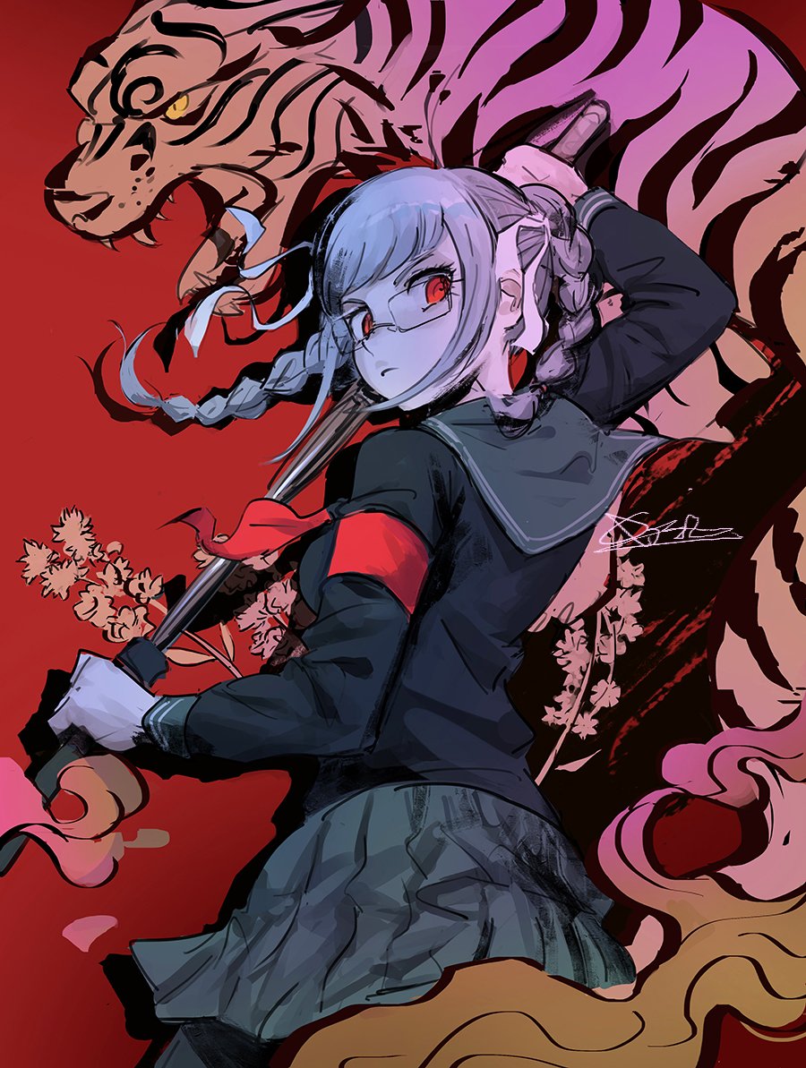 1girl animal_print arm_up bangs black_legwear blunt_bangs braid breasts closed_mouth commentary cowboy_shot dangan_ronpa_(series) dangan_ronpa_2:_goodbye_despair from_behind glasses grey_skirt holding katana long_hair long_sleeves looking_at_viewer looking_back medium_breasts neckerchief pantyhose pekoyama_peko pleated_skirt purple_hair qosic red_background red_eyes school_uniform serafuku sheath sitting skirt solo sword tiger_print twin_braids unsheathing very_long_hair weapon