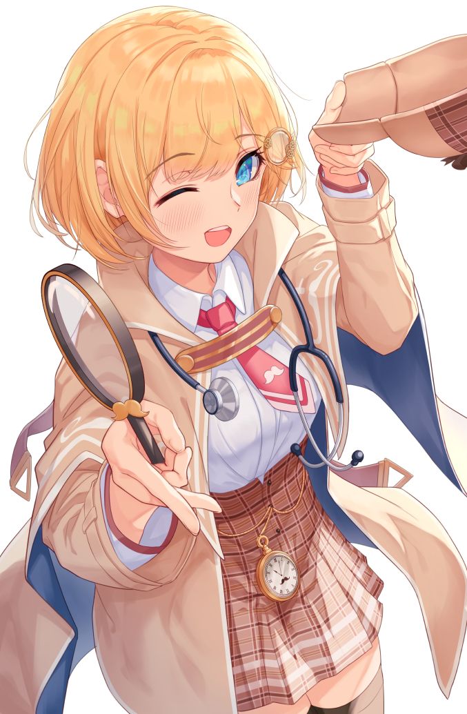 1girl bangs blonde_hair blue_eyes blush breasts brown_coat brown_skirt coat collared_shirt dress_shirt hair_ornament hat hat_removed headwear_removed hololive hololive_english large_breasts long_sleeves looking_at_viewer magnifying_glass makamati monocle_hair_ornament necktie one_eye_closed open_clothes open_coat open_mouth plaid plaid_skirt pocket_watch shirt simple_background skirt smile stethoscope watch watson_amelia white_background white_shirt