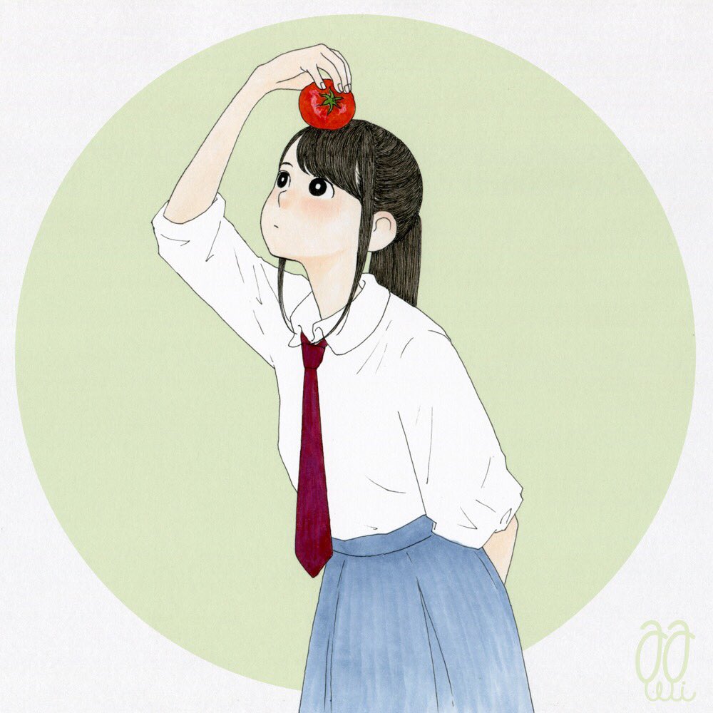 1girl arm_behind_back awai880 black_eyes black_hair blue_skirt blush circle collared_shirt cowboy_shot long_hair long_sleeves necktie original ponytail red_neckwear shirt shirt_tucked_in signature skirt solo tomato white_shirt