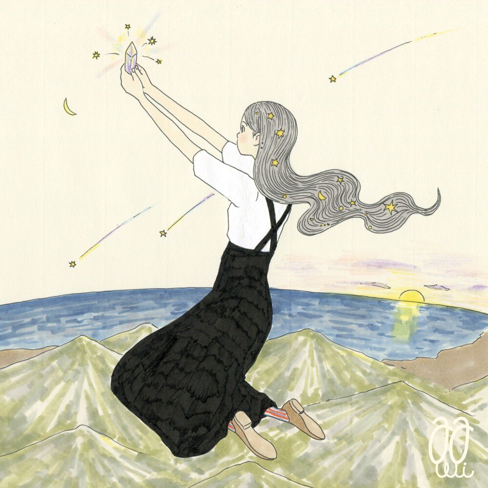 1girl arms_up awai880 black_skirt brown_footwear crescent_moon crystal floating_hair grey_hair horizon kneeling long_skirt moon mountain original profile reflection shirt shoes shooting_star short_sleeves signature skirt socks solo striped striped_legwear white_shirt