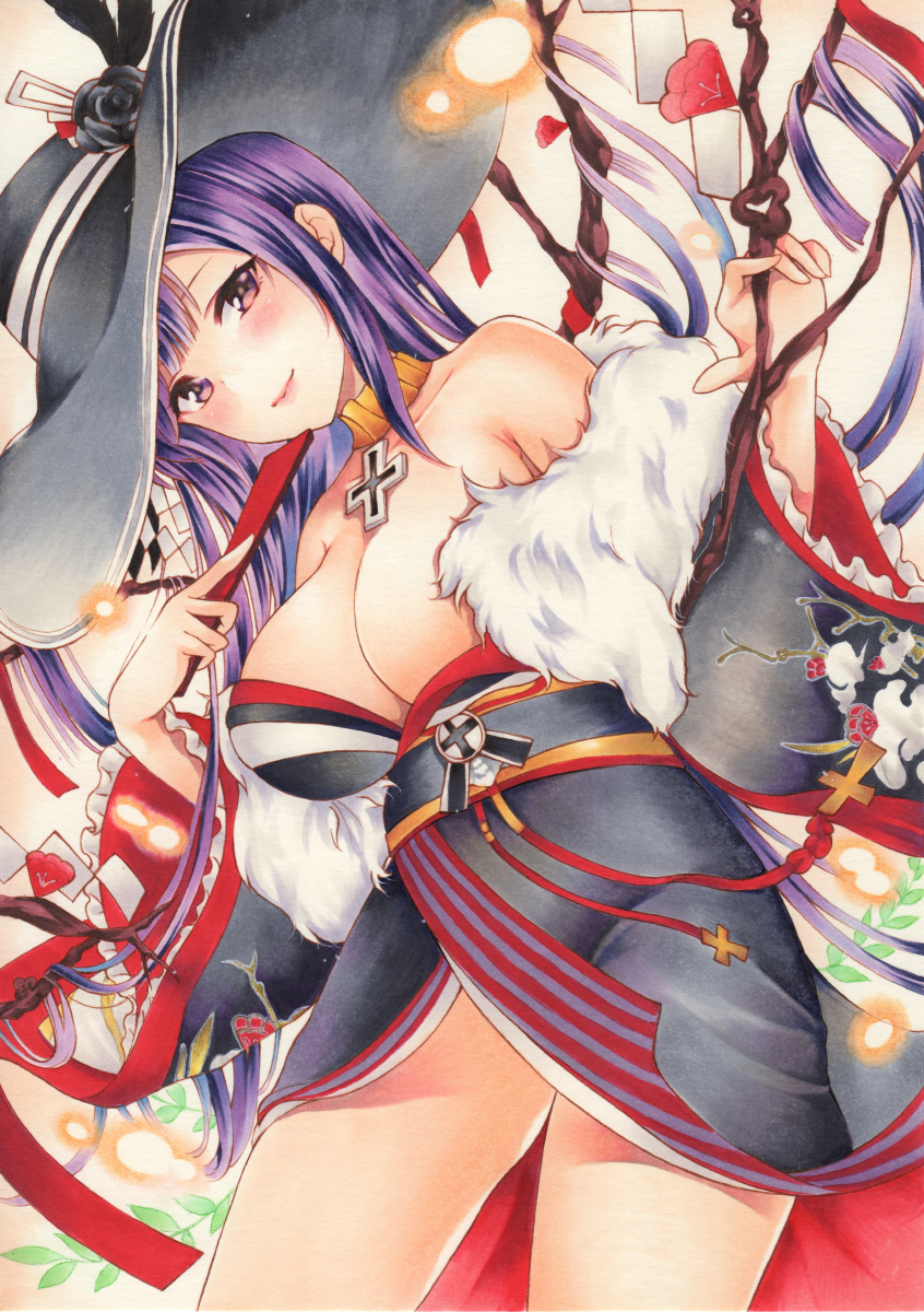 1girl azur_lane bare_shoulders black_headwear black_kimono black_sash breasts closed_fan cross cross_necklace fan feather_boa folding_fan hat highres hime_cut holding holding_fan iron_cross japanese_clothes jewelry kimono large_breasts looking_at_viewer marker_(medium) necklace off-shoulder_kimono official_alternate_costume omikuji peter_strasser_(azur_lane) peter_strasser_(chronos's_kalendae)_(azur_lane) purple_hair sash saya_pr solo sun_hat traditional_media violet_eyes wide_sleeves