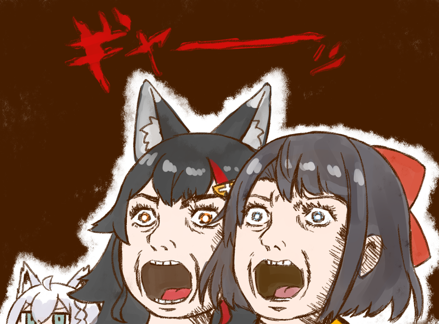 3girls ahoge animal_ear_fluff animal_ears aqua_eyes bangs black_hair blue_eyes bow bright_pupils brown_background commentary_request face fox_ears fox_girl hair_ornament hairclip hololive long_hair looking_ahead looking_at_viewer looking_away looking_to_the_side multicolored_hair multiple_girls nekoyama nose ookami_mio oozora_subaru open_mouth parody parody_request red_bow redhead shirakami_fubuki short_hair simple_background sketch streaked_hair teeth translation_request two-tone_hair virtual_youtuber white_hair white_pupils wolf_ears wolf_girl yellow_eyes