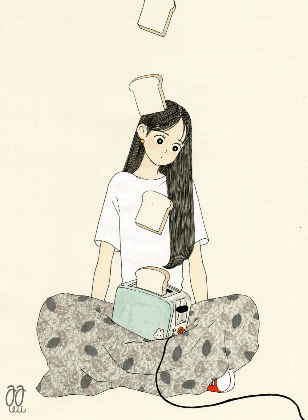 1girl awai880 black_eyes black_hair blush bread bright_pupils earrings floating floating_object food highres jewelry leaf leaf_print long_hair original print_skirt shirt shoes short_sleeves signature simple_background sitting skirt solo tan_background toaster white_pupils white_shirt