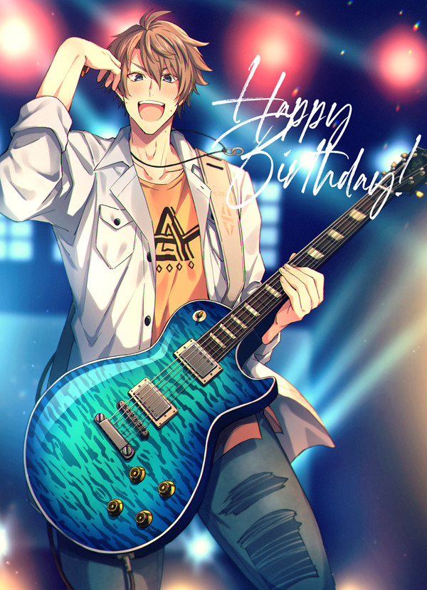 1boy argonavis_from_bang_dream! bang_dream! brown_hair cowboy_shot goryou_yuuto guitar happy_birthday instrument jacket male_focus open_mouth saigi sleeves_rolled_up solo torn_clothes white_jacket