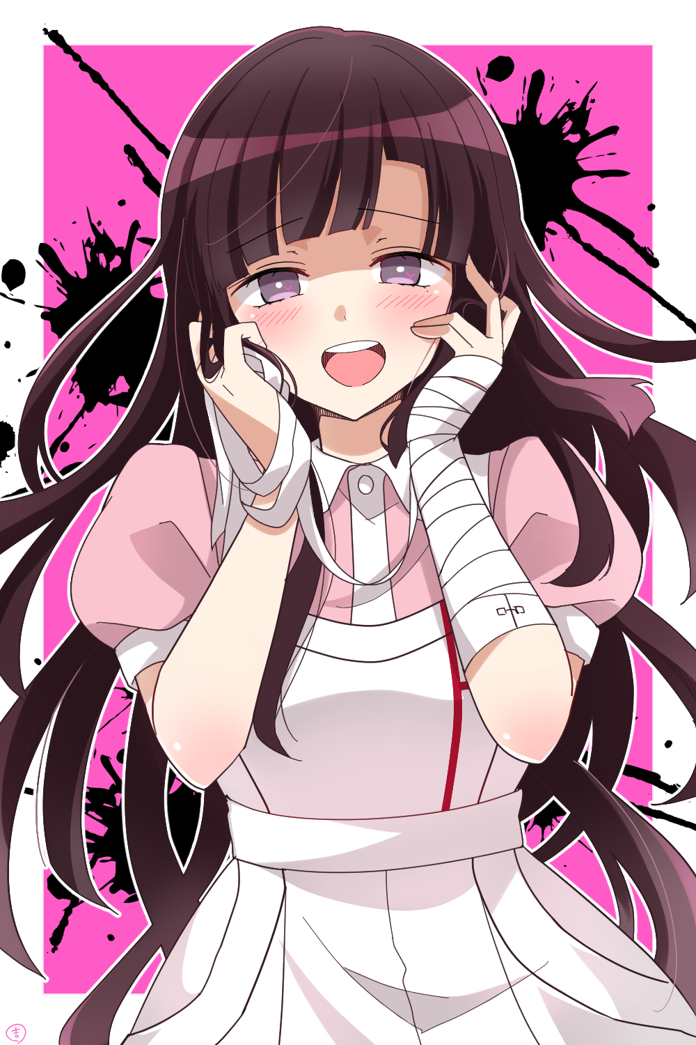 1girl :d apron bandaged_arm bandages bangs blush commentary_request cowboy_shot dangan_ronpa_(series) dangan_ronpa_2:_goodbye_despair enkichi_totan eyebrows_visible_through_hair hands_on_own_cheeks hands_on_own_face hands_up highres long_hair looking_at_viewer mole mole_under_eye nurse open_mouth pink_background pink_shirt puffy_short_sleeves puffy_sleeves purple_hair shirt short_sleeves skirt smile solo tsumiki_mikan upper_teeth violet_eyes white_background