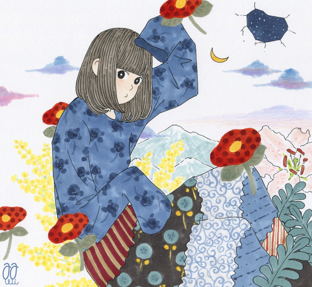 1girl awai880 bangs blue_shirt blunt_bangs brown_hair clouds commentary_request crack crescent dress floral_print flower leaf medium_hair mountain original print_dress print_shirt red_flower shirt signature sleeves_past_fingers sleeves_past_wrists solo very_long_sleeves yellow_flower