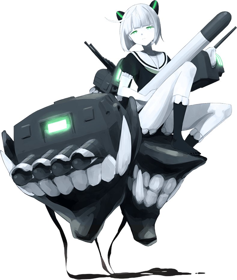 1girl abyssal_bamboo_princess abyssal_ship ahoge bangs black_legwear blunt_bangs closed_mouth colored_skin eyebrows_visible_through_hair green_eyes green_neckwear headgear holding holding_torpedo kantai_collection kneehighs official_art pale_skin sailor_collar school_uniform serafuku shibafu_(glock23) short_hair short_sleeves sitting solo teeth torpedo white_hair white_skin