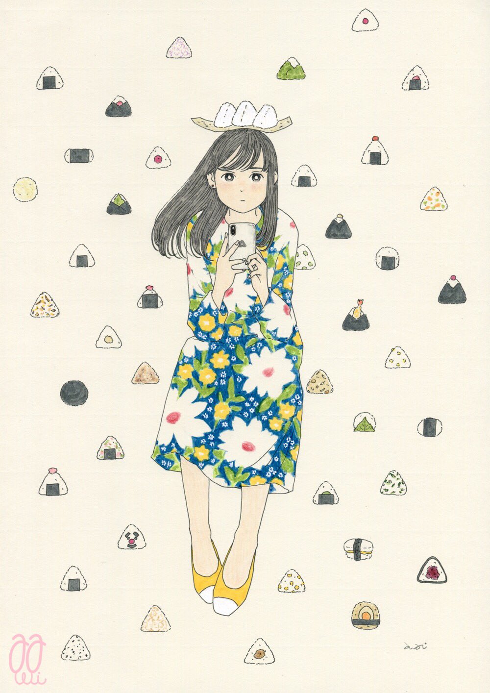 1girl awai880 bangs black_eyes bright_pupils dress earrings floral_print flower food grey_hair highres holding holding_phone jewelry leaf long_hair onigiri original phone print_dress shoes signature solo tan_background white_flower white_pupils yellow_flower yellow_footwear