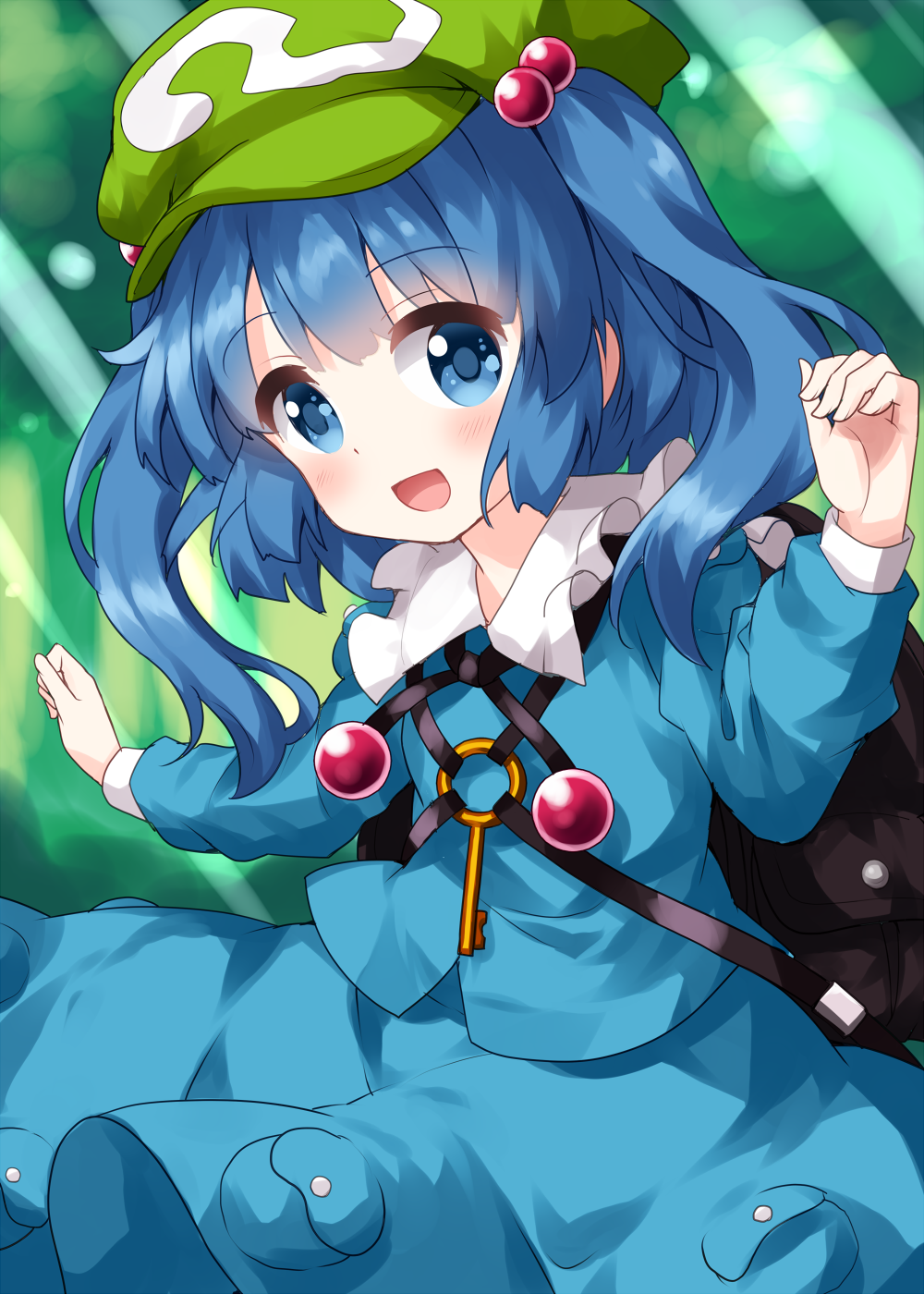1girl backpack bag bangs blouse blue_blouse blue_eyes blue_hair blue_skirt blurry blurry_background collarbone cowboy_shot eyebrows_visible_through_hair green_headwear h hair_bobbles hair_ornament highres kawashiro_nitori key light_particles light_rays long_sleeves looking_at_viewer medium_hair open_mouth outdoors pocket ruu_(tksymkw) skirt skirt_set smile solo standing touhou twintails