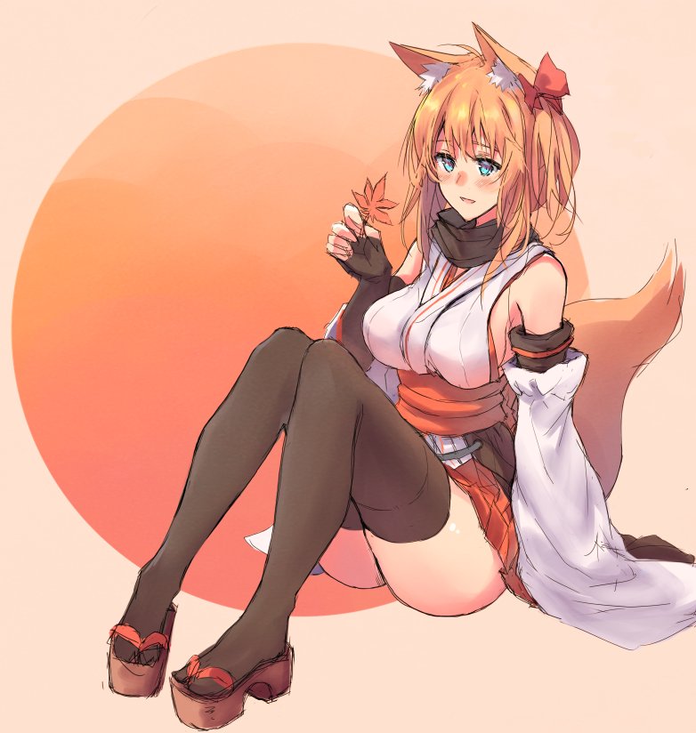 1girl :d animal_ear_fluff animal_ears bangs bare_shoulders beige_background black_collar black_legwear blush bow breasts collar commentary detached_sleeves english_commentary eyebrows_visible_through_hair flag_background fox_ears fox_girl fox_tail full_body green_eyes hair_between_eyes hair_bow hair_ornament holding holding_leaf japanese_clothes japanese_flag large_breasts leaf long_hair long_sleeves looking_at_viewer looking_away maple_leaf obi open_mouth orange_hair original red_background red_bow sandals sash sawaya_(mizukazu) simple_background sitting skirt sleeves_past_fingers sleeves_past_wrists smile solo tail thigh-highs