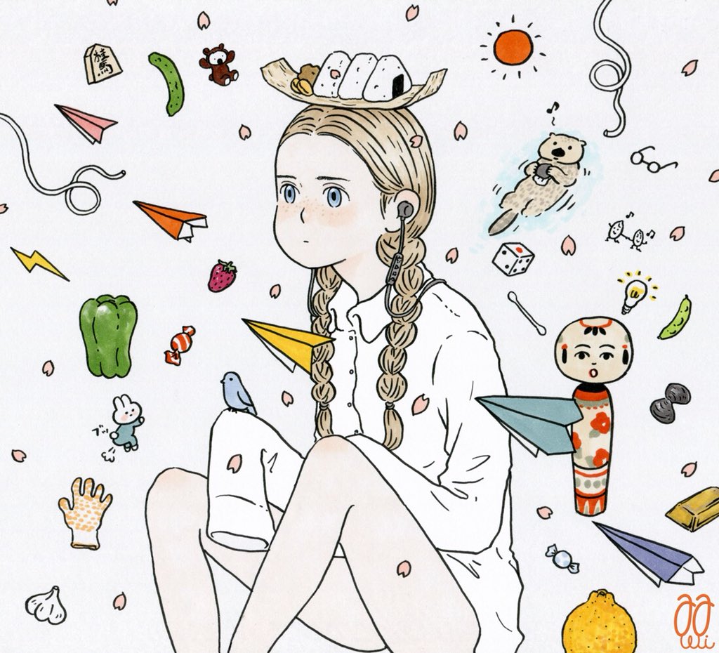 1girl awai880 bare_legs beamed_eighth_notes bird blonde_hair blue_eyes braid candy collared_shirt dice earphones earphones eighth_note feet_out_of_frame food fruit glasses light_bulb long_hair musical_note original otter paper_airplane pepper petals red_sun shirt shougi_piece signature sleeves_past_fingers sleeves_past_wrists solo strawberry twin_braids very_long_sleeves white_shirt