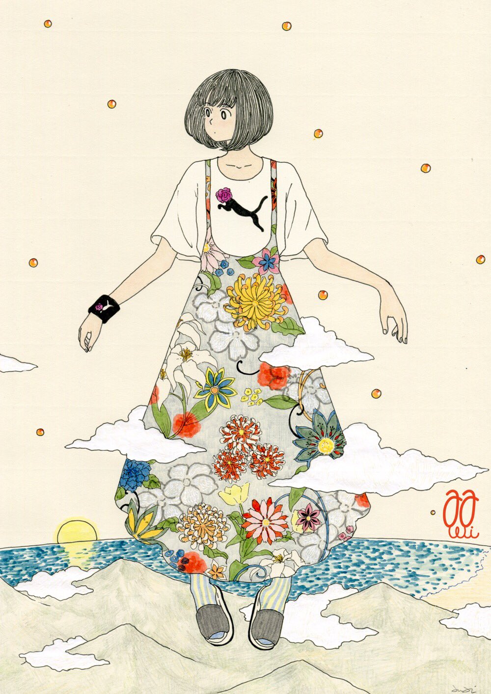 1girl awai880 bangs black_hair blue_flower bob_cut clouds dress floral_print flower highres leaf mountain multicolored_flower original print_dress print_shirt red_flower reflection shirt short_hair signature solo water white_flower white_shirt yellow_flower