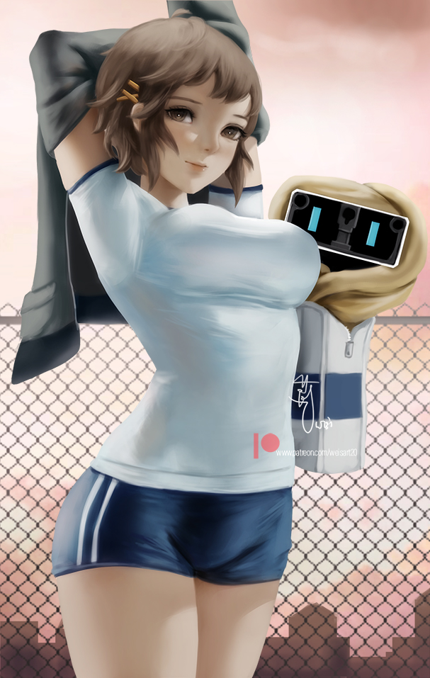 1girl arms_behind_head arms_up artist_name bag bj_(juusan_kihei_bouei_ken) blue_shorts breasts brown_eyes brown_hair building chain-link_fence closed_mouth commentary cowboy_shot english_commentary fence grey_jacket hair_ornament hairclip jacket juusan_kihei_bouei_ken large_breasts long_sleeves looking_at_viewer making-of_available minami_natsuno outdoors patreon_logo patreon_username pink_sky reward_available robot shirt short_hair short_shorts short_sleeves shorts signature skyline smile solo sportswear standing t-shirt taut_clothes taut_shirt thighs watermark web_address wei_(promise_0820) white_bag white_shirt zipper zipper_pull_tab