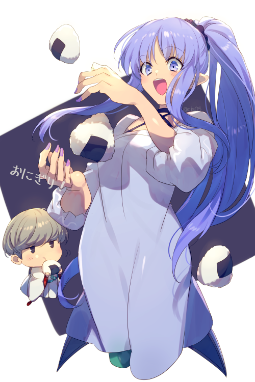 1boy 1girl bangs blue_eyes blue_hair blush bowl_cut breasts caster_lily chibi cis05 dress fate/grand_order fate_(series) food grey_hair long_hair onigiri open_mouth pointy_ears ponytail sidelocks small_breasts smile very_long_hair watanabe_no_tsuna_(fate/grand_order) white_dress
