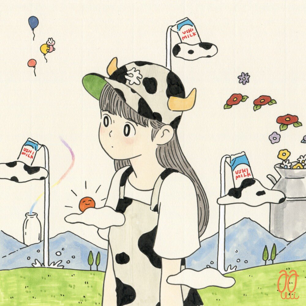 1girl animal_print awai880 balloon bangs blunt_bangs bottle clouds cow_horns cow_print flower grass grey_hair horns long_hair milk milk_carton original print_headwear purple_flower red_flower shirt signature solo tree upper_body white_flower white_shirt yellow_flower