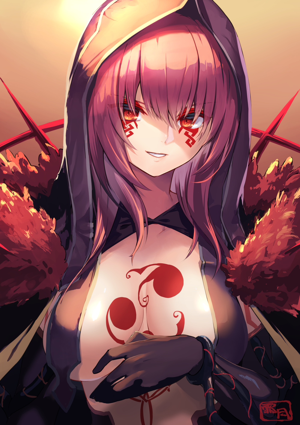 1girl bangs breast_curtains breasts chest_tattoo facial_mark fate/grand_order fate_(series) fur_collar gloves gradient gradient_background highres hood hood_up large_breasts long_hair looking_at_viewer purple_hair red_eyes scathach_(fate)_(all) scathach_(fate/grand_order) shimotsuki_shio smile spikes tattoo