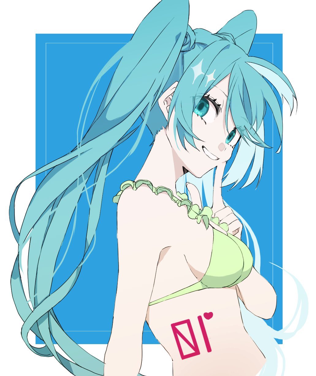 1girl alternate_costume arm_at_side armpit_crease bikini blue_background blue_eyes blue_hair bodypaint border breasts commentary dot_nose eiku eyelashes eyes_visible_through_hair finger_to_cheek fingernails frilled_bikini frills from_side green_bikini hand_up hatsune_miku head_tilt heart highres index_finger_raised light_smile long_hair looking_at_viewer medium_breasts multicolored_hair number pale_skin parted_lips sideboob simple_background solo sparkle square stomach swimsuit tareme teeth twintails two-tone_hair upper_body very_long_hair vocaloid white_background white_border