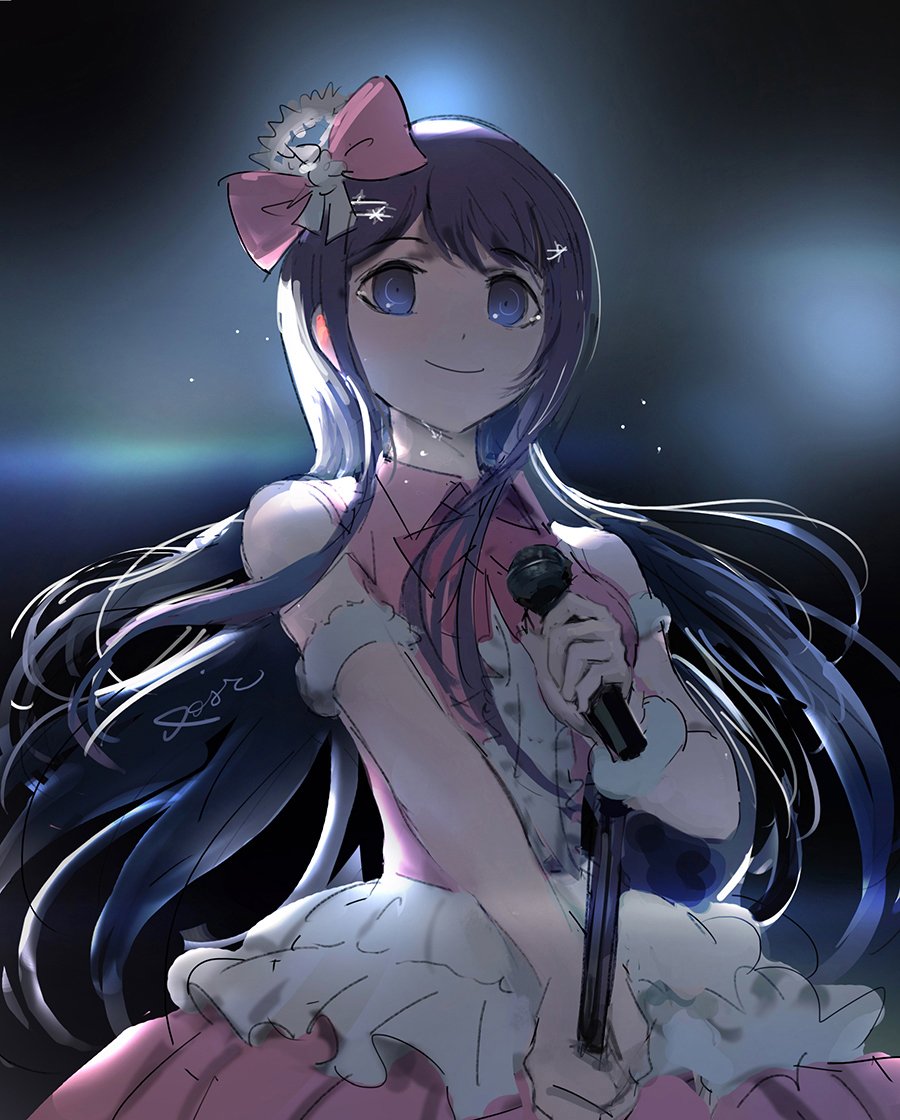 1girl bangs bow commentary_request dangan_ronpa:_trigger_happy_havoc dangan_ronpa_(series) dress fur_trim gradient gradient_background hair_bow hair_ornament hairclip holding holding_microphone long_hair looking_at_viewer maizono_sayaka microphone official_alternate_costume pink_bow pink_dress qosic signature smile solo wrist_cuffs