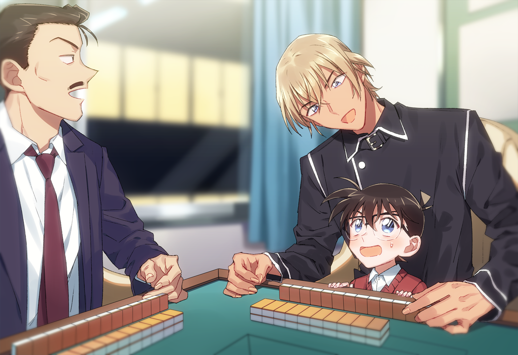 3boys :d amuro_tooru bangs black-framed_eyewear black_eyes black_hair black_jacket blonde_hair blue_eyes blurry blurry_background blush brown_hair cardigan child collared_shirt commentary_request edogawa_conan facial_hair fingernails formal glasses hair_between_eyes indoors jacket k_(gear_labo) long_sleeves looking_at_another looking_down looking_to_the_side looking_up mahjong mahjong_table mahjong_tile male_focus meitantei_conan mouri_kogoro multiple_boys mustache necktie open_clothes open_jacket open_mouth playing_games purple_jacket purple_suit red_cardigan red_neckwear shirt short_hair sitting smile suit sweatdrop white_shirt window wing_collar