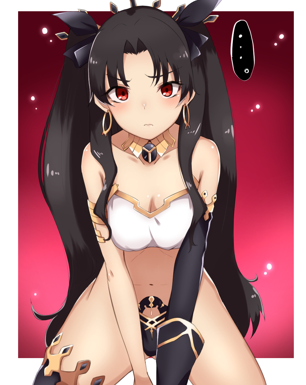 armlet detached_sleeves earrings fate/grand_order fate_(series) hair_ribbon highres ishtar_(fate)_(all) ishtar_(fate/grand_order) jewelry long_hair looking_at_viewer meta-tron red_eyes ribbon single_detached_sleeve single_thighhigh thigh-highs tiara twintails two_side_up