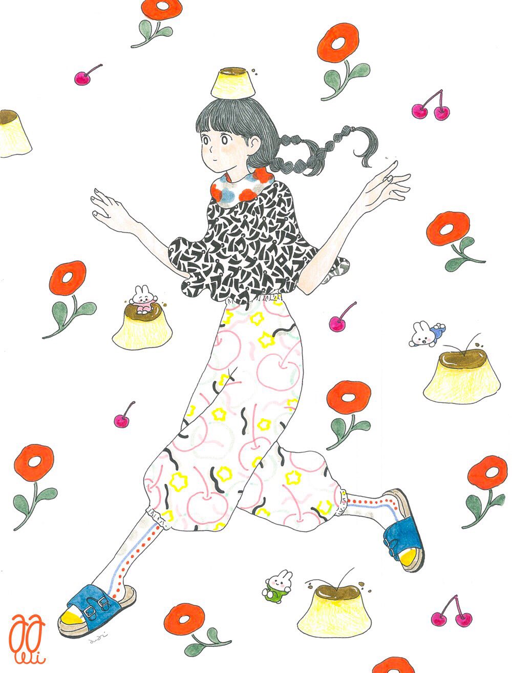 1girl awai880 bangs blue_footwear blunt_bangs braid cherry flower food food_on_head fruit grey_hair hands_up highres leaf long_hair object_on_head original pants print_pants print_shirt pudding red_flower sandals shirt signature socks solo twin_braids white_legwear