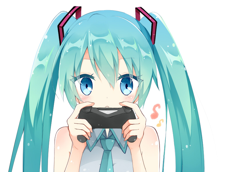 1girl :&lt; aqua_hair aqua_neckwear arms_up bangs bare_shoulders blue_eyes closed_mouth controller eyebrows_visible_through_hair eyes_visible_through_hair hair_ornament hatsune_miku holding holding_controller kamu_(geeenius) looking_at_viewer necktie sidelocks simple_background twintails vocaloid