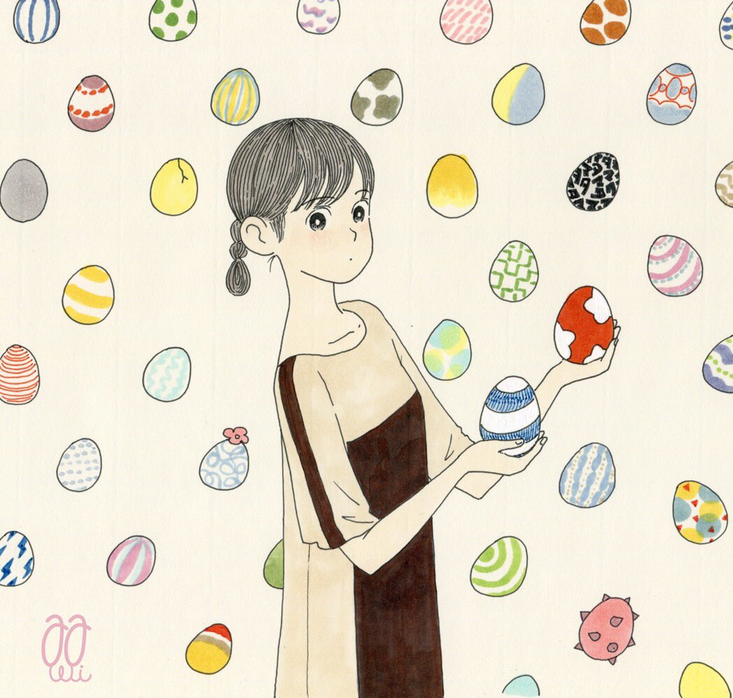 1girl awai880 black_eyes bright_pupils brown_dress crack dress easter_egg egg grey_hair holding holding_egg original short_hair short_sleeves signature solo spikes tan_background upper_body white_pupils