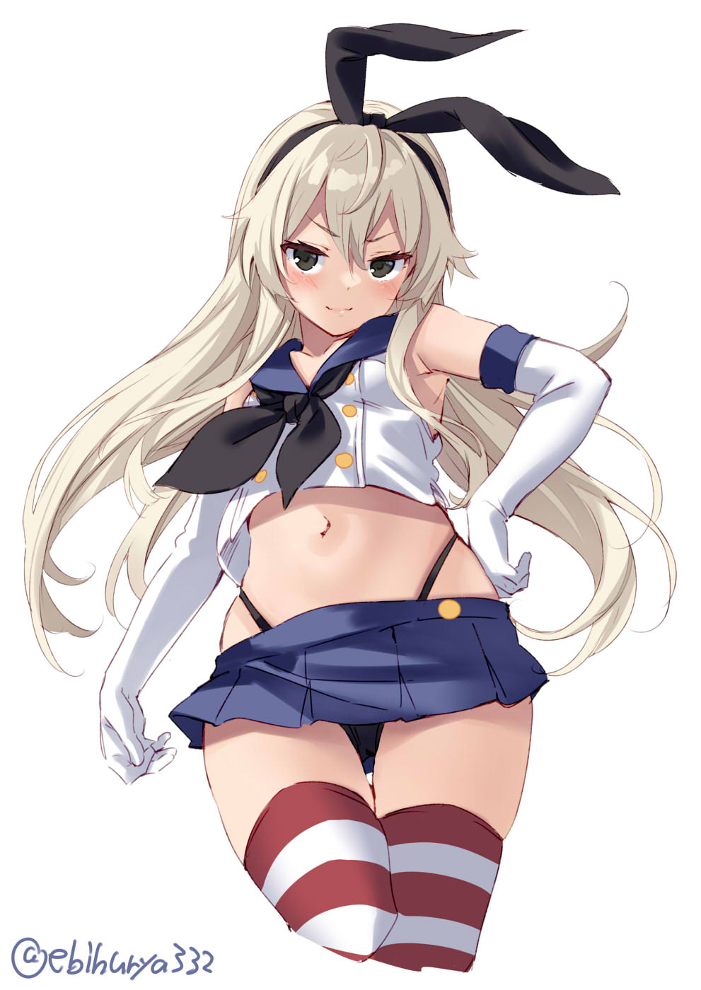 1girl black_legwear black_neckwear blonde_hair blue_sailor_collar blue_skirt blush closed_mouth collarbone crop_top cropped_legs ebifurya elbow_gloves eyebrows_visible_through_hair gloves grey_eyes hair_between_eyes highres kantai_collection long_hair miniskirt navel neckerchief pantyhose pleated_skirt sailor_collar school_uniform serafuku shimakaze_(kantai_collection) simple_background skirt sleeveless smile solo striped striped_legwear thigh-highs twitter_username white_background white_gloves